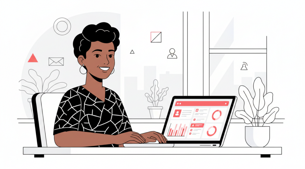 Business owner reviewing a custom software dashboard with charts on a laptop