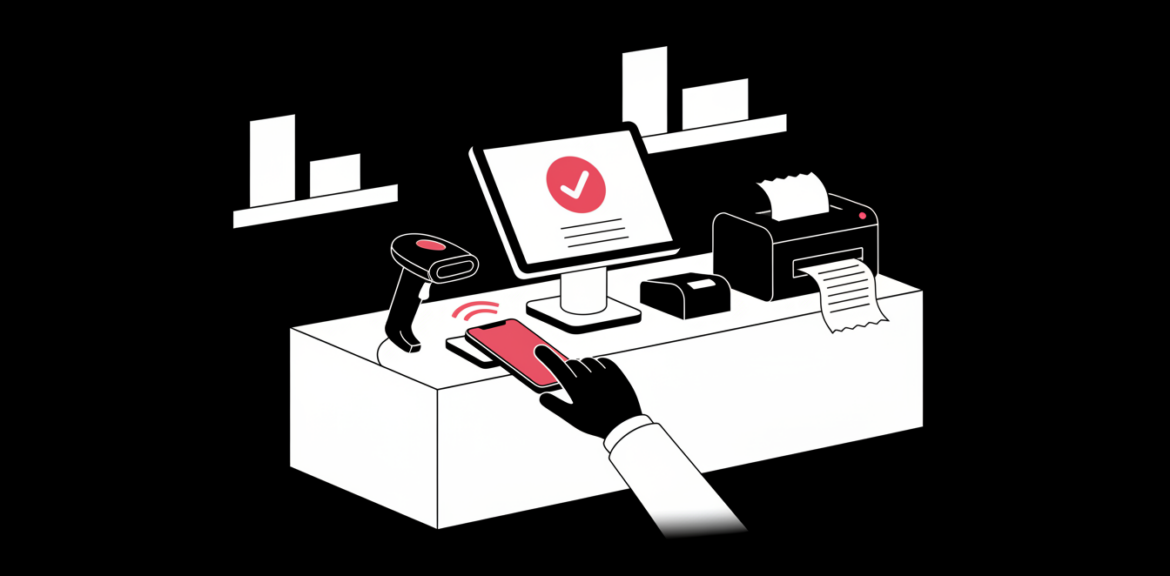 Shop counter with a tablet point-of-sale system and a customer paying by phone