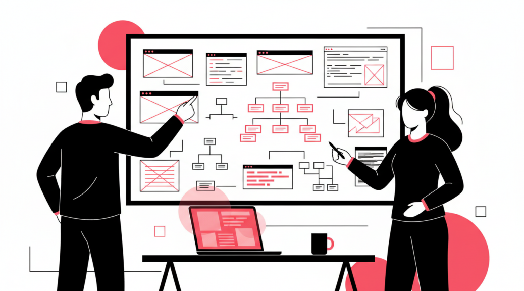 Two developers planning custom software at a whiteboard with wireframes and flowcharts
