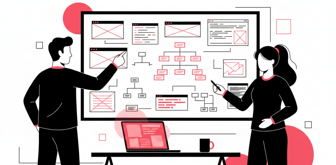 Two developers planning custom software at a whiteboard with wireframes and flowcharts