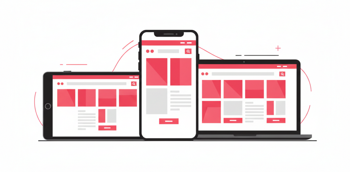 Smartphone, tablet and laptop showing the same responsive website design