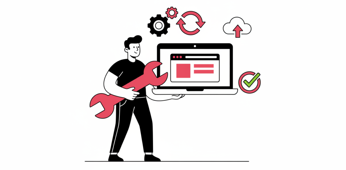 Technician maintaining a website with gears, backup cloud and update icons