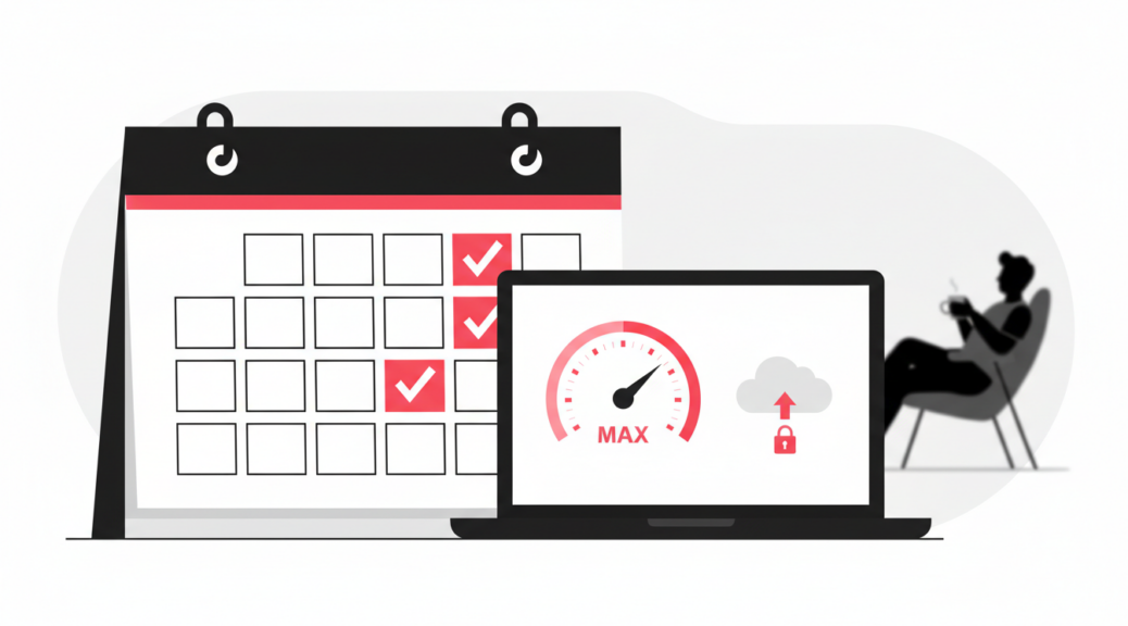 Maintenance calendar with checkmarks beside a laptop showing a speed gauge and cloud backup
